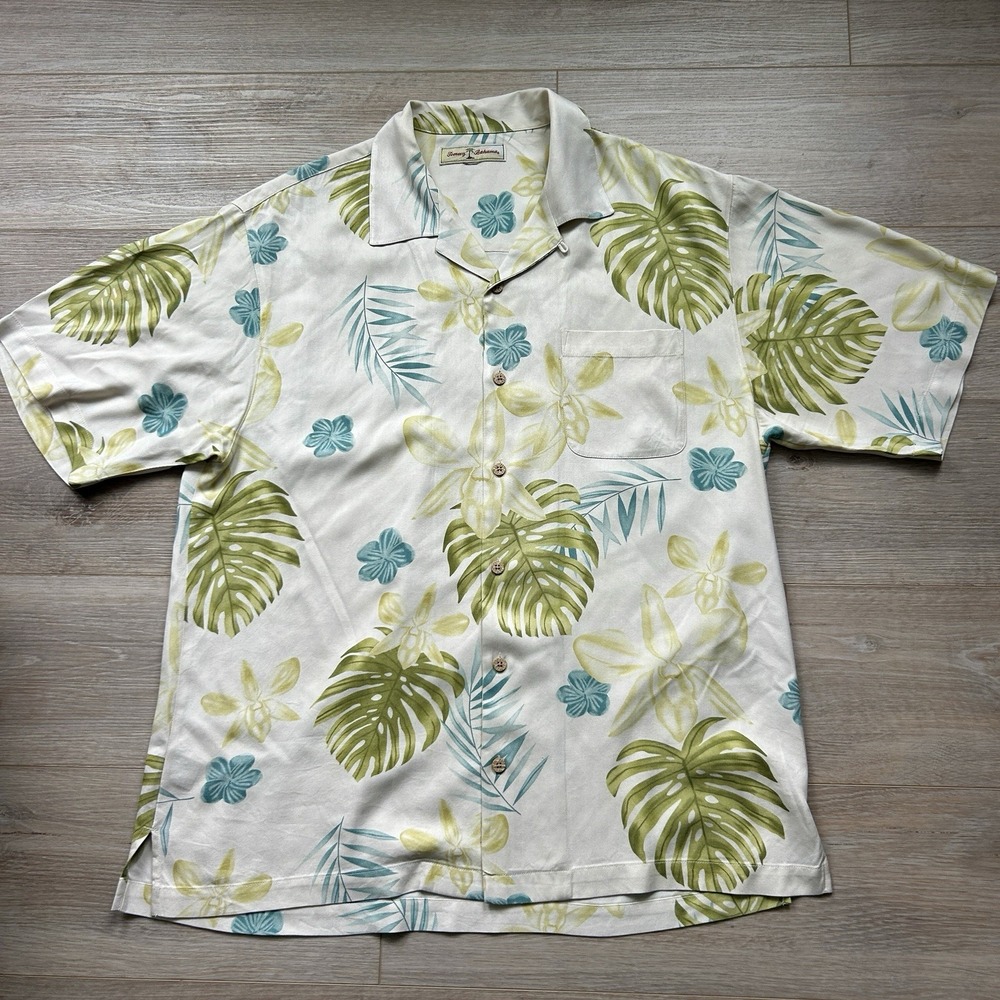 Tommy Bahama Ivory Silk Hawaiian Camp Floral Loop Collar Men's Large
